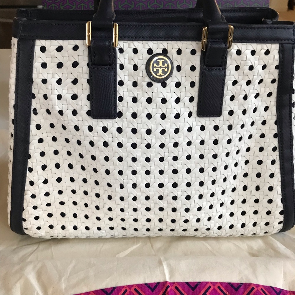New Tory Burch Structured Satchel in Navy Blue and White Woven Leather.